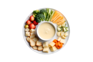 Vegetables, cheese, and bread with dip on a plate isolated on a transparent background png