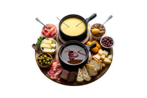 Cheese and meat fondue platter with bread and olives isolated on a transparent background png