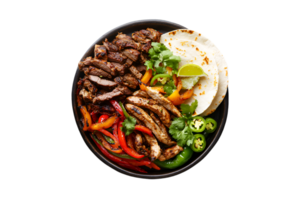 Grilled chicken fajitas with tortillas and vegetables on a plate isolated on a transparent backgroun png