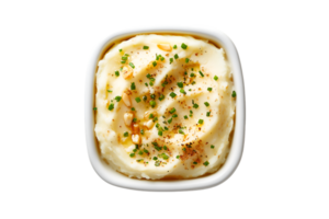 Mashed potatoes with gravy in a bowl isolated on a transparent background png