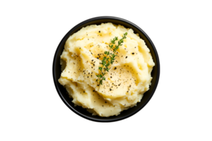 Mashed potatoes with herbs and black pepper garnish on a bowl isolated on a transparent background png