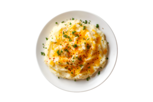 Mashed potatoes with butter on a whte plate isolated on a transparent background png