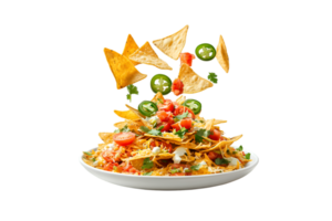 Flying nachos with tomatoes and jalapenos on a transparent background png