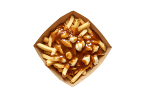 Poutine with fries, cheese curds, and gravy in a cardboard container on a transparent background png