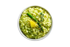 Asparagus risotto with lemon and thyme in a bowl isolated on a transparent background png