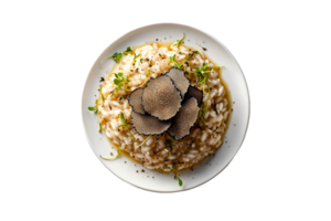 Truffle risotto with microgreens on a plate isolated on a transparent background png