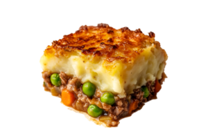 Shepherds pie slice with vegetables and mashed potatoes isolated on a transparent background png