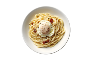 Carbonara pasta with fried egg and bacon in a bowl isolated on a transparent background png