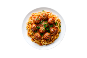 Spaghetti with meatballs and marinara sauceon a plate isolated on a transparent background png