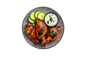Grilled chicken with cucumber and yogurt dip on a plate isolated on a transparent background png