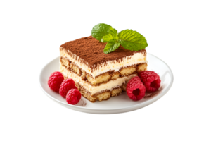 Tiramisu dessert with raspberries and mint on a plate isolated on a transparent background png