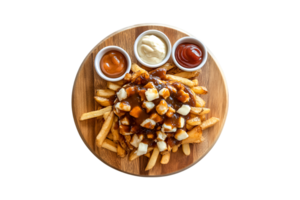 Poutine with dipping sauces on a wooden board on a transparent background png