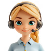 3d cute icon young friendly female call center agent with headset. Smiling cartoon woman operator in headphones with mic working in office talk with client on isolated on transparent background png