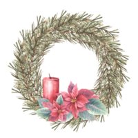 Christmas spruce branches evergreen advent wreath with red poinsettia flowers and flameless candle. Watercolor hand drawn illustration Circle advent template for festive card Isolated from background. png