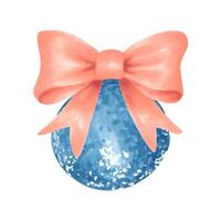 Blue Christmas tree toy with bow. Illustration with watercolors and markers. Object for festive design for the New Year. Hand drawn isolated art. Pink satin or silk ribbon with a ball.Festive pendant vector