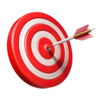 Red bullseye dart arrow hitting target center of dartboard. Concept of success, target, goal, achievement. A arrow hit target 3D rendering png