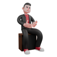 3D Choreographer Dance Performer. A male choreographer sits on a speaker with his palm facing up with an explaining expression. Cartoon Model png