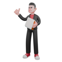 Dance Creator Character in 3D. A male choreographer stands holding a clipboard in his right hand and raising his left thumb with a happy expression. Choreographer Model png