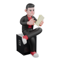 Dance Performer in 3D Cartoon. A male choreographer sits on a speaker holding a paper in his hand with a happy expression. Choreographer Model png