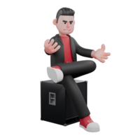 3D Dance Choreographer Character Model. A male choreographer sits on a speaker with both hands raised up with palms facing up, an excited expression. Animated Artist png