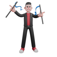 Animated Dance Creator in 3D. A male choreographer stands holding a baton in both hands with an excited expression. Choreographer Character png