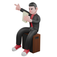 Dance Star Cartoon in 3D. A male choreographer sits on a speaker holding paper in his left hand and his right hand pointing up with a happy expression. Choreographer Design png