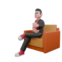 Dance Performer Cartoon Model. A male choreographer sits on a sofa with his right hand around his stomach and his right hand clenched in front. 3D Choreographer png