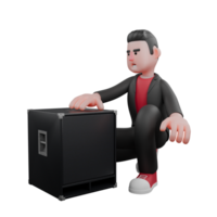 Animated Choreographer in 3D Model. A male choreographer crouches behind a speaker with a shocked expression. Dance Performer png