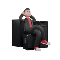 3D Dance Choreographer Character Model. A male choreographer sitting on speaker with hands behind his head with happy expression. Animated Artist png