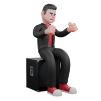 Dance Creator in 3D Cartoon Style. A male choreographer sitting on speaker with both hands clenched with full enthusiasm expression. Choreographer png