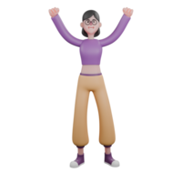 3D Animated Dance Performer. A female dancer stands with both hands clenched upwards with a happy expression. Performer Talent png
