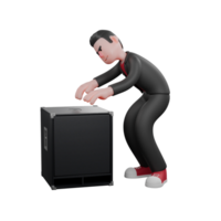 Choreographer Dance Star 3D Model. A male choreographer crouches in front of a loudspeaker with both hands facing forward as if he wants to lift it. Cartoon Artist png