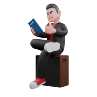 3D Animated Dance Choreographer Model. A male choreographer sits on a speaker while holding a book and a pen in his hand with a happy expression. Performer Design png