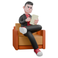 3D Choreographer Dance Model. A male choreographer sits on a sofa while reading the writing on a paper held in his left hand then his right hand is clasped in front of his chest. Performer Character png