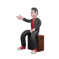 Dance Creator Cartoon 3D Model. A male choreographer sits on a speaker pointing forward with his right hand, smiling expression. Performer Artist png
