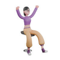 Dance Star 3D Cartoon Character. A female dancer sits on a chair with both hands clenched upwards with a happy expression. Performer Design png