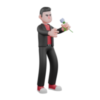 3D Cartoon Dance Model Choreographer. A male choreographer stands with his left hand holding a flower and his right hand pointing forward. 3D Character png