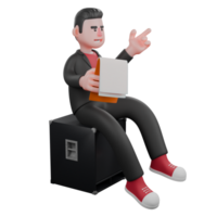 Choreographer Dance Performer in 3D. A male choreographer sits on a loudspeaker with his right hand holding a clipboard and his left hand pointing forward. Cartoon Artist png