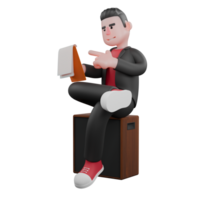 3D Performing Choreographer. A male choreographer sits at a speaker while his left hand points to a clipboard in his right hand. Dance Creator png