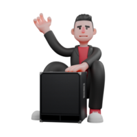 3D Model of Dance Choreographer . A male choreographer sits behind a speaker with a left hand gesture of greeting and the right hand holding the speaker. Performance Artist png