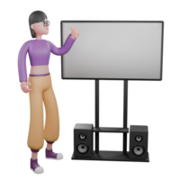 3D Cartoon Dance Star. A female dancer stands facing left while her right hand is raised in front of the white board while holding it. Animated Talent png