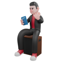 3D Cartoon Choreographer Artist. A male choreographer sits on a speaker while looking at a cellphone in his right hand then his left hand is raised and held. Dance Designer png