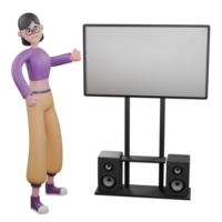 Dance Performer 3D Character Design. A female dancer stands beside a large screen with clenched fists with a serious expression. Animated Performer png