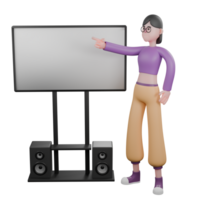 3D Model of Dancer. A female dancer stands while her right hand points to a white board on her right. 3D Model png