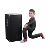 3D Dance Choreographer Model. A male choreographer crouches in front of the loudspeaker and his left hand is on his left knee. Animated Performer png