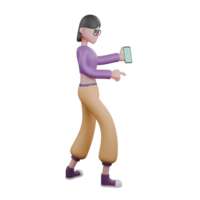 3D Dance Artist Model. A female dancer is standing while holding a smartphone in her hand while showing the smartphone screen with a serious expression. Animation Performer png