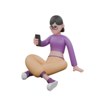 Cartoon Dance Star 3D Model. A female dancer sits cross-legged on the floor holding a smartphone in her hand with a serious expression on the smartphone. Performance Character png