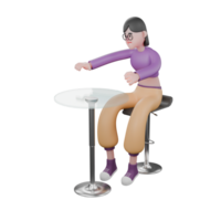 3D Cartoon Dance Artist Character. A female dancer sits at a cafe table with her hands on the table with a happy expression. Performer Design png
