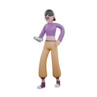 3D Dance Artist Model. A female dancer stands holding a smartphone in her hand while showing the smartphone screen with a serious expression. Animated Performer png