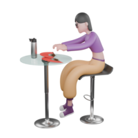 Cartoon Dance Performer in 3D Design. A female dancer sits at a cafe table with her hands on the table with a serious expression. Performer Star png